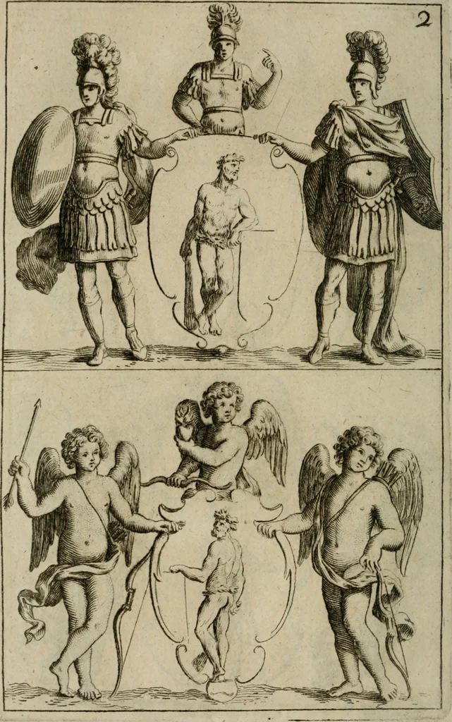 An illustration from Recueil d'emblêmes, devises, medailles, et figures hieroglyphiques, au nombre de plus de douze cent, avec leurs explications : accompagné de plus de deux mille chiffres fleuronnez simples, doubles & triples : d'une manière nouvelle & fort curieuse pour tous les noms imaginables : avec les tenants, supports, & cimiers servans aux ornemens des armes : cet ouvrage qui est enrichy de deux cens cinquante planches en taille-douce, est très-utile aux graveurs, peintres, sculpteurs, orfevres, brodeurs, serruriers, & à tous ceux qui travaillent au dessein, 1724, leaf 339
