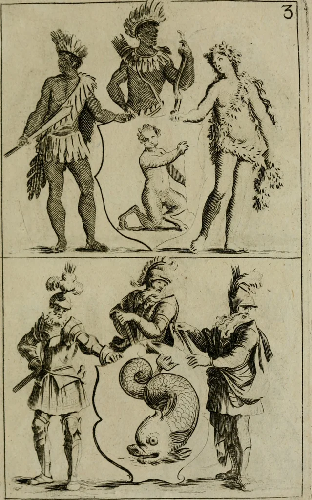 An illustration from Recueil d'emblêmes, devises, medailles, et figures hieroglyphiques, au nombre de plus de douze cent, avec leurs explications : accompagné de plus de deux mille chiffres fleuronnez simples, doubles & triples : d'une manière nouvelle & fort curieuse pour tous les noms imaginables : avec les tenants, supports, & cimiers servans aux ornemens des armes : cet ouvrage qui est enrichy de deux cens cinquante planches en taille-douce, est très-utile aux graveurs, peintres, sculpteurs, orfevres, brodeurs, serruriers, & à tous ceux qui travaillent au dessein, 1724, leaf 340
