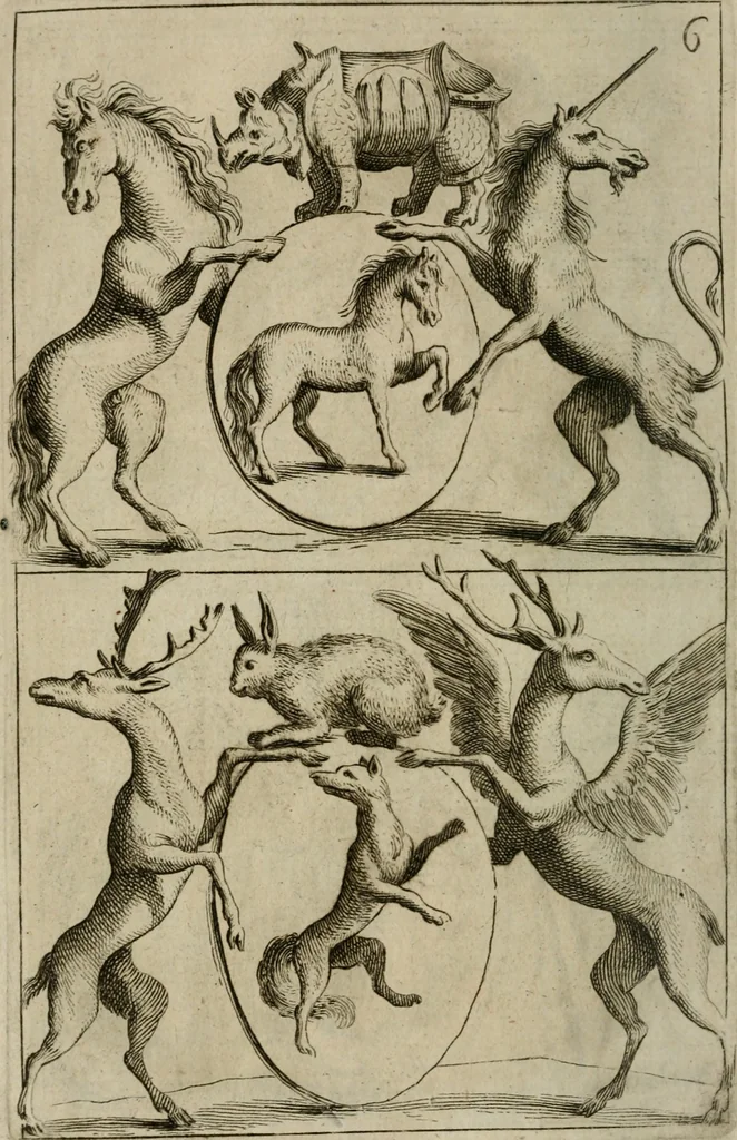 An illustration from Recueil d'emblêmes, devises, medailles, et figures hieroglyphiques, au nombre de plus de douze cent, avec leurs explications : accompagné de plus de deux mille chiffres fleuronnez simples, doubles & triples : d'une manière nouvelle & fort curieuse pour tous les noms imaginables : avec les tenants, supports, & cimiers servans aux ornemens des armes : cet ouvrage qui est enrichy de deux cens cinquante planches en taille-douce, est très-utile aux graveurs, peintres, sculpteurs, orfevres, brodeurs, serruriers, & à tous ceux qui travaillent au dessein, 1724, leaf 343