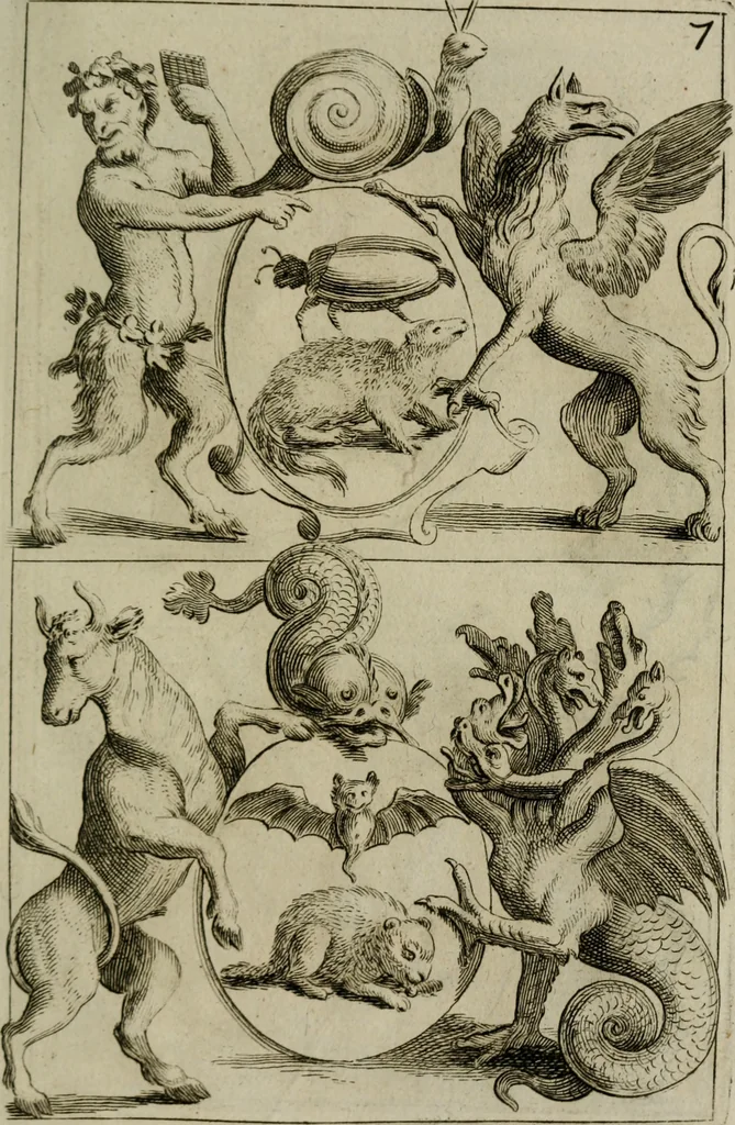 An illustration from Recueil d'emblêmes, devises, medailles, et figures hieroglyphiques, au nombre de plus de douze cent, avec leurs explications : accompagné de plus de deux mille chiffres fleuronnez simples, doubles & triples : d'une manière nouvelle & fort curieuse pour tous les noms imaginables : avec les tenants, supports, & cimiers servans aux ornemens des armes : cet ouvrage qui est enrichy de deux cens cinquante planches en taille-douce, est très-utile aux graveurs, peintres, sculpteurs, orfevres, brodeurs, serruriers, & à tous ceux qui travaillent au dessein, 1724, leaf 344