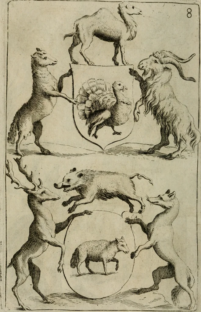An illustration from Recueil d'emblêmes, devises, medailles, et figures hieroglyphiques, au nombre de plus de douze cent, avec leurs explications : accompagné de plus de deux mille chiffres fleuronnez simples, doubles & triples : d'une manière nouvelle & fort curieuse pour tous les noms imaginables : avec les tenants, supports, & cimiers servans aux ornemens des armes : cet ouvrage qui est enrichy de deux cens cinquante planches en taille-douce, est très-utile aux graveurs, peintres, sculpteurs, orfevres, brodeurs, serruriers, & à tous ceux qui travaillent au dessein, 1724, leaf 345
