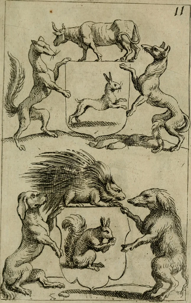 An illustration from Recueil d'emblêmes, devises, medailles, et figures hieroglyphiques, au nombre de plus de douze cent, avec leurs explications : accompagné de plus de deux mille chiffres fleuronnez simples, doubles & triples : d'une manière nouvelle & fort curieuse pour tous les noms imaginables : avec les tenants, supports, & cimiers servans aux ornemens des armes : cet ouvrage qui est enrichy de deux cens cinquante planches en taille-douce, est très-utile aux graveurs, peintres, sculpteurs, orfevres, brodeurs, serruriers, & à tous ceux qui travaillent au dessein, 1724, leaf 348