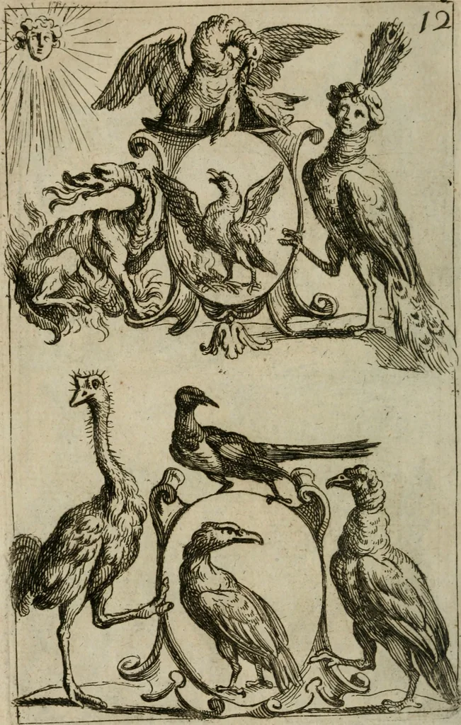 An illustration from Recueil d'emblêmes, devises, medailles, et figures hieroglyphiques, au nombre de plus de douze cent, avec leurs explications : accompagné de plus de deux mille chiffres fleuronnez simples, doubles & triples : d'une manière nouvelle & fort curieuse pour tous les noms imaginables : avec les tenants, supports, & cimiers servans aux ornemens des armes : cet ouvrage qui est enrichy de deux cens cinquante planches en taille-douce, est très-utile aux graveurs, peintres, sculpteurs, orfevres, brodeurs, serruriers, & à tous ceux qui travaillent au dessein, 1724, leaf 349