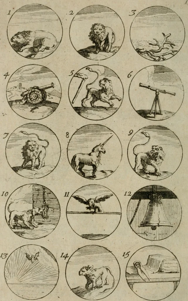 An illustration from Recueil d'emblêmes, devises, medailles, et figures hieroglyphiques, au nombre de plus de douze cent, avec leurs explications : accompagné de plus de deux mille chiffres fleuronnez simples, doubles & triples : d'une manière nouvelle & fort curieuse pour tous les noms imaginables : avec les tenants, supports, & cimiers servans aux ornemens des armes : cet ouvrage qui est enrichy de deux cens cinquante planches en taille-douce, est très-utile aux graveurs, peintres, sculpteurs, orfevres, brodeurs, serruriers, & à tous ceux qui travaillent au dessein, 1724, leaf 35