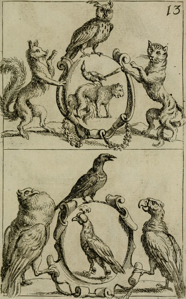 An illustration from Recueil d'emblêmes, devises, medailles, et figures hieroglyphiques, au nombre de plus de douze cent, avec leurs explications : accompagné de plus de deux mille chiffres fleuronnez simples, doubles & triples : d'une manière nouvelle & fort curieuse pour tous les noms imaginables : avec les tenants, supports, & cimiers servans aux ornemens des armes : cet ouvrage qui est enrichy de deux cens cinquante planches en taille-douce, est très-utile aux graveurs, peintres, sculpteurs, orfevres, brodeurs, serruriers, & à tous ceux qui travaillent au dessein, 1724, leaf 350