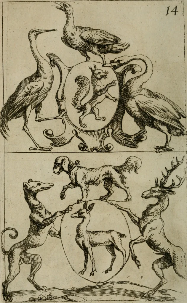 An illustration from Recueil d'emblêmes, devises, medailles, et figures hieroglyphiques, au nombre de plus de douze cent, avec leurs explications : accompagné de plus de deux mille chiffres fleuronnez simples, doubles & triples : d'une manière nouvelle & fort curieuse pour tous les noms imaginables : avec les tenants, supports, & cimiers servans aux ornemens des armes : cet ouvrage qui est enrichy de deux cens cinquante planches en taille-douce, est très-utile aux graveurs, peintres, sculpteurs, orfevres, brodeurs, serruriers, & à tous ceux qui travaillent au dessein, 1724, leaf 351