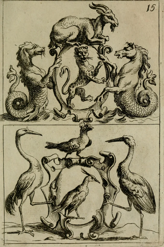 An illustration from Recueil d'emblêmes, devises, medailles, et figures hieroglyphiques, au nombre de plus de douze cent, avec leurs explications : accompagné de plus de deux mille chiffres fleuronnez simples, doubles & triples : d'une manière nouvelle & fort curieuse pour tous les noms imaginables : avec les tenants, supports, & cimiers servans aux ornemens des armes : cet ouvrage qui est enrichy de deux cens cinquante planches en taille-douce, est très-utile aux graveurs, peintres, sculpteurs, orfevres, brodeurs, serruriers, & à tous ceux qui travaillent au dessein, 1724, leaf 352