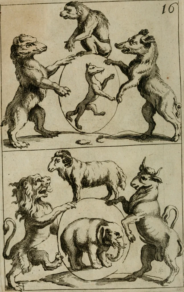 An illustration from Recueil d'emblêmes, devises, medailles, et figures hieroglyphiques, au nombre de plus de douze cent, avec leurs explications : accompagné de plus de deux mille chiffres fleuronnez simples, doubles & triples : d'une manière nouvelle & fort curieuse pour tous les noms imaginables : avec les tenants, supports, & cimiers servans aux ornemens des armes : cet ouvrage qui est enrichy de deux cens cinquante planches en taille-douce, est très-utile aux graveurs, peintres, sculpteurs, orfevres, brodeurs, serruriers, & à tous ceux qui travaillent au dessein, 1724, leaf 353