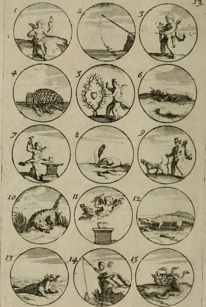 An illustration from Recueil d'emblêmes, devises, medailles, et figures hieroglyphiques, au nombre de plus de douze cent, avec leurs explications : accompagné de plus de deux mille chiffres fleuronnez simples, doubles & triples : d'une manière nouvelle & fort curieuse pour tous les noms imaginables : avec les tenants, supports, & cimiers servans aux ornemens des armes : cet ouvrage qui est enrichy de deux cens cinquante planches en taille-douce, est très-utile aux graveurs, peintres, sculpteurs, orfevres, brodeurs, serruriers, & à tous ceux qui travaillent au dessein, 1724, leaf 39