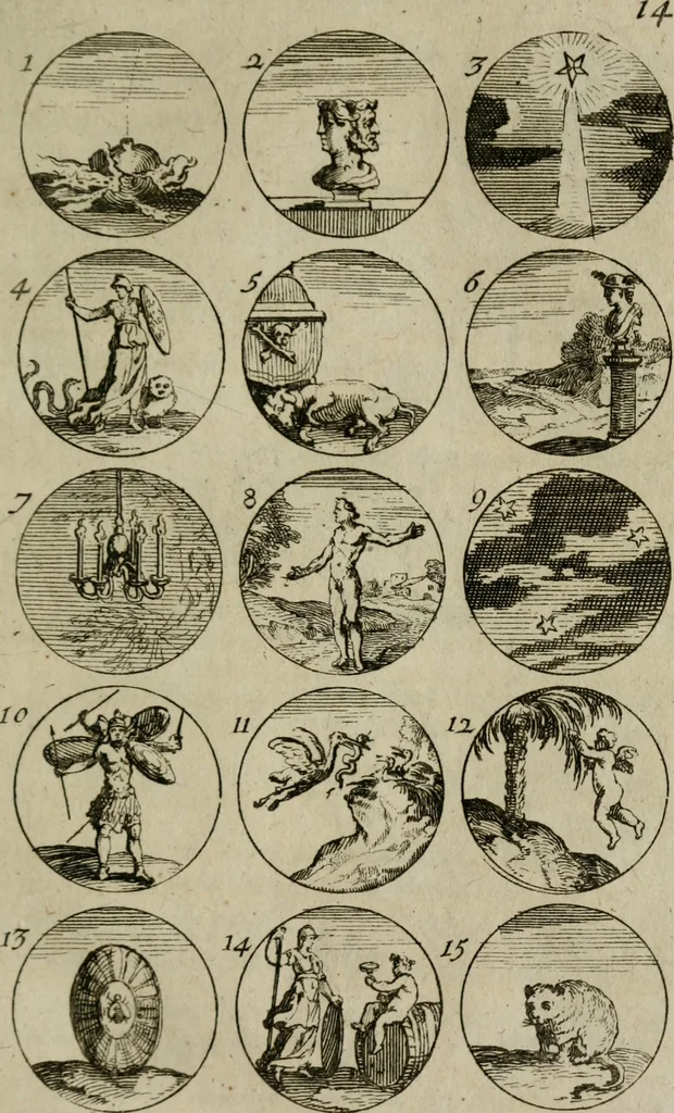 An illustration from Recueil d'emblêmes, devises, medailles, et figures hieroglyphiques, au nombre de plus de douze cent, avec leurs explications : accompagné de plus de deux mille chiffres fleuronnez simples, doubles & triples : d'une manière nouvelle & fort curieuse pour tous les noms imaginables : avec les tenants, supports, & cimiers servans aux ornemens des armes : cet ouvrage qui est enrichy de deux cens cinquante planches en taille-douce, est très-utile aux graveurs, peintres, sculpteurs, orfevres, brodeurs, serruriers, & à tous ceux qui travaillent au dessein, 1724, leaf 42