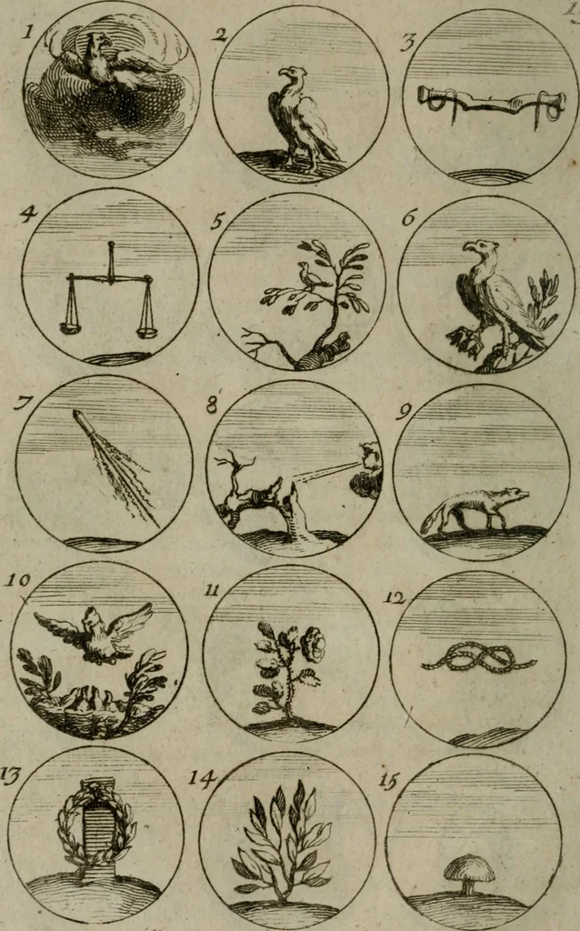 An illustration from Recueil d'emblêmes, devises, medailles, et figures hieroglyphiques, au nombre de plus de douze cent, avec leurs explications : accompagné de plus de deux mille chiffres fleuronnez simples, doubles & triples : d'une manière nouvelle & fort curieuse pour tous les noms imaginables : avec les tenants, supports, & cimiers servans aux ornemens des armes : cet ouvrage qui est enrichy de deux cens cinquante planches en taille-douce, est très-utile aux graveurs, peintres, sculpteurs, orfevres, brodeurs, serruriers, & à tous ceux qui travaillent au dessein, 1724, leaf 43