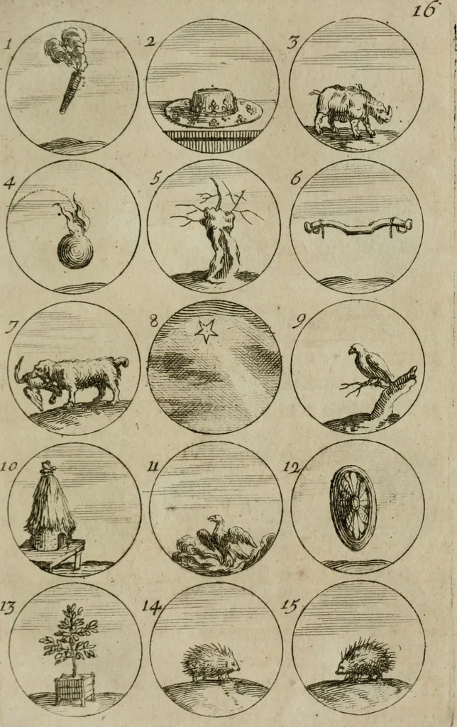 An illustration from Recueil d'emblêmes, devises, medailles, et figures hieroglyphiques, au nombre de plus de douze cent, avec leurs explications : accompagné de plus de deux mille chiffres fleuronnez simples, doubles & triples : d'une manière nouvelle & fort curieuse pour tous les noms imaginables : avec les tenants, supports, & cimiers servans aux ornemens des armes : cet ouvrage qui est enrichy de deux cens cinquante planches en taille-douce, est très-utile aux graveurs, peintres, sculpteurs, orfevres, brodeurs, serruriers, & à tous ceux qui travaillent au dessein, 1724, leaf 46