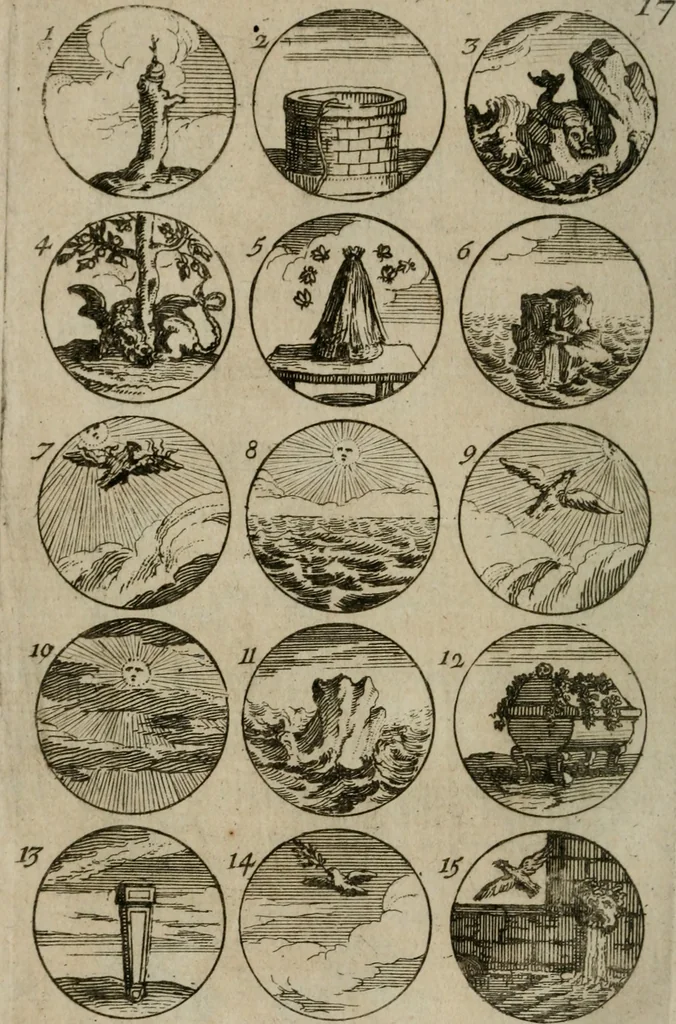 An illustration from Recueil d'emblêmes, devises, medailles, et figures hieroglyphiques, au nombre de plus de douze cent, avec leurs explications : accompagné de plus de deux mille chiffres fleuronnez simples, doubles & triples : d'une manière nouvelle & fort curieuse pour tous les noms imaginables : avec les tenants, supports, & cimiers servans aux ornemens des armes : cet ouvrage qui est enrichy de deux cens cinquante planches en taille-douce, est très-utile aux graveurs, peintres, sculpteurs, orfevres, brodeurs, serruriers, & à tous ceux qui travaillent au dessein, 1724, leaf 47