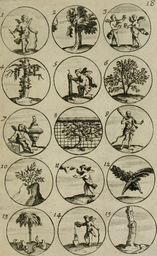 An illustration from Recueil d'emblêmes, devises, medailles, et figures hieroglyphiques, au nombre de plus de douze cent, avec leurs explications : accompagné de plus de deux mille chiffres fleuronnez simples, doubles & triples : d'une manière nouvelle & fort curieuse pour tous les noms imaginables : avec les tenants, supports, & cimiers servans aux ornemens des armes : cet ouvrage qui est enrichy de deux cens cinquante planches en taille-douce, est très-utile aux graveurs, peintres, sculpteurs, orfevres, brodeurs, serruriers, & à tous ceux qui travaillent au dessein, 1724, leaf 50