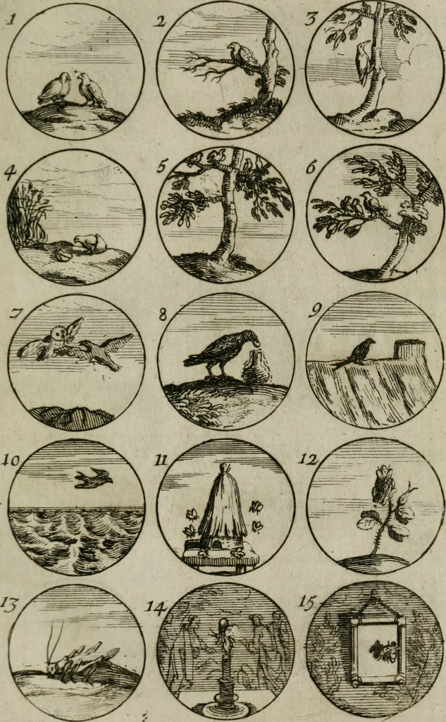 An illustration from Recueil d'emblêmes, devises, medailles, et figures hieroglyphiques, au nombre de plus de douze cent, avec leurs explications : accompagné de plus de deux mille chiffres fleuronnez simples, doubles & triples : d'une manière nouvelle & fort curieuse pour tous les noms imaginables : avec les tenants, supports, & cimiers servans aux ornemens des armes : cet ouvrage qui est enrichy de deux cens cinquante planches en taille-douce, est très-utile aux graveurs, peintres, sculpteurs, orfevres, brodeurs, serruriers, & à tous ceux qui travaillent au dessein, 1724, leaf 58