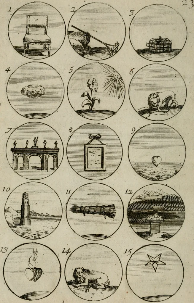 An illustration from Recueil d'emblêmes, devises, medailles, et figures hieroglyphiques, au nombre de plus de douze cent, avec leurs explications : accompagné de plus de deux mille chiffres fleuronnez simples, doubles & triples : d'une manière nouvelle & fort curieuse pour tous les noms imaginables : avec les tenants, supports, & cimiers servans aux ornemens des armes : cet ouvrage qui est enrichy de deux cens cinquante planches en taille-douce, est très-utile aux graveurs, peintres, sculpteurs, orfevres, brodeurs, serruriers, & à tous ceux qui travaillent au dessein, 1724, leaf 59