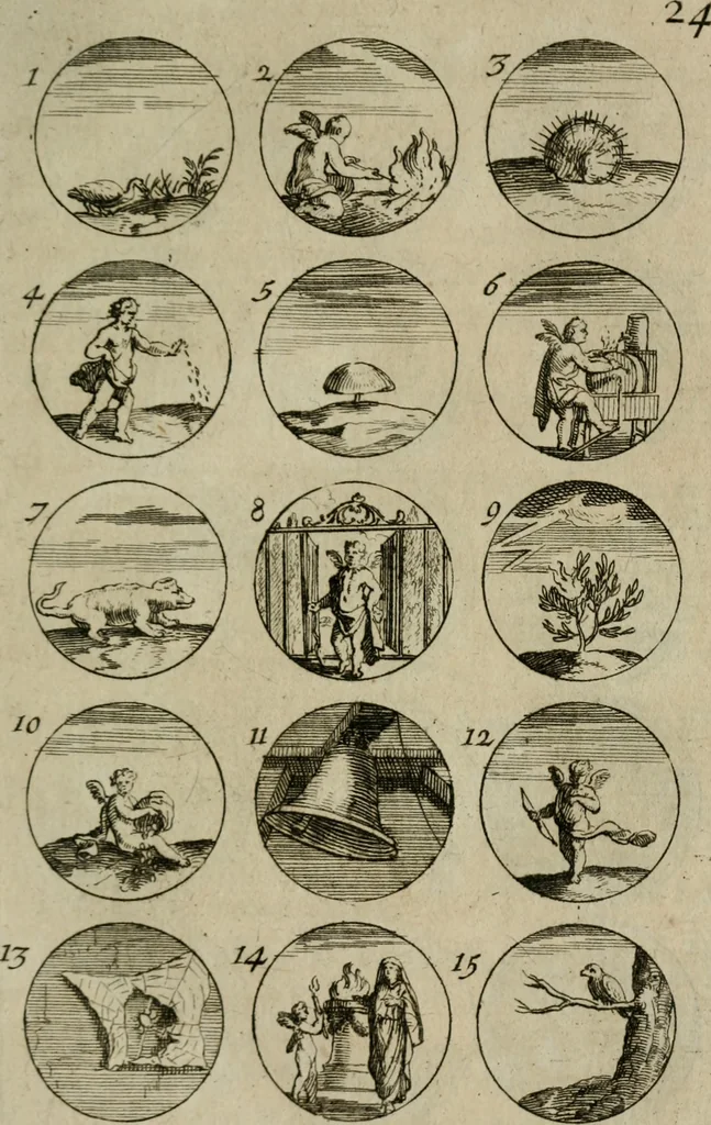 An illustration from Recueil d'emblêmes, devises, medailles, et figures hieroglyphiques, au nombre de plus de douze cent, avec leurs explications : accompagné de plus de deux mille chiffres fleuronnez simples, doubles & triples : d'une manière nouvelle & fort curieuse pour tous les noms imaginables : avec les tenants, supports, & cimiers servans aux ornemens des armes : cet ouvrage qui est enrichy de deux cens cinquante planches en taille-douce, est très-utile aux graveurs, peintres, sculpteurs, orfevres, brodeurs, serruriers, & à tous ceux qui travaillent au dessein, 1724, leaf 62