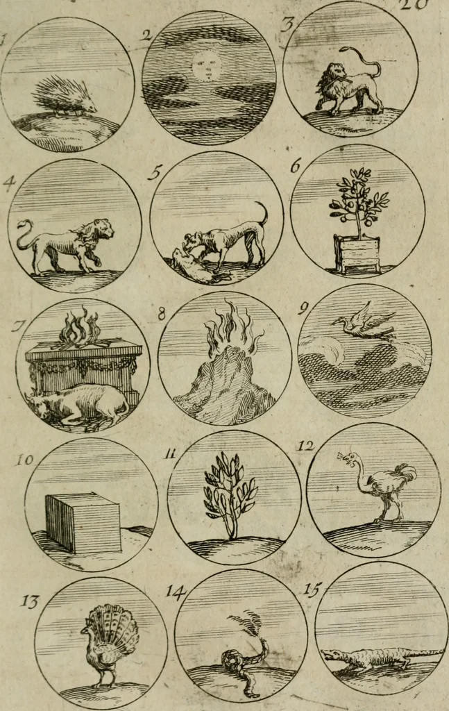 An illustration from Recueil d'emblêmes, devises, medailles, et figures hieroglyphiques, au nombre de plus de douze cent, avec leurs explications : accompagné de plus de deux mille chiffres fleuronnez simples, doubles & triples : d'une manière nouvelle & fort curieuse pour tous les noms imaginables : avec les tenants, supports, & cimiers servans aux ornemens des armes : cet ouvrage qui est enrichy de deux cens cinquante planches en taille-douce, est très-utile aux graveurs, peintres, sculpteurs, orfevres, brodeurs, serruriers, & à tous ceux qui travaillent au dessein, 1724, leaf 66