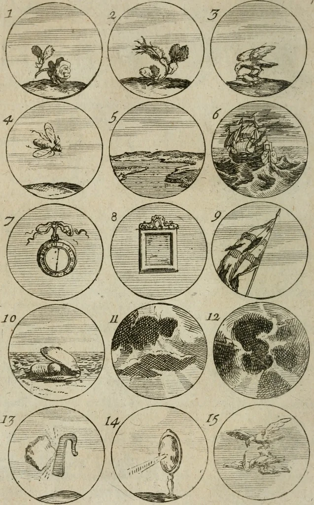 An illustration from Recueil d'emblêmes, devises, medailles, et figures hieroglyphiques, au nombre de plus de douze cent, avec leurs explications : accompagné de plus de deux mille chiffres fleuronnez simples, doubles & triples : d'une manière nouvelle & fort curieuse pour tous les noms imaginables : avec les tenants, supports, & cimiers servans aux ornemens des armes : cet ouvrage qui est enrichy de deux cens cinquante planches en taille-douce, est très-utile aux graveurs, peintres, sculpteurs, orfevres, brodeurs, serruriers, & à tous ceux qui travaillent au dessein, 1724, leaf 67