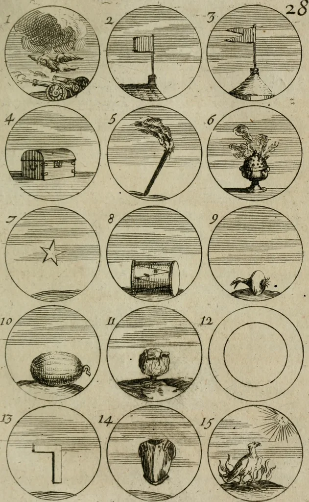 An illustration from Recueil d'emblêmes, devises, medailles, et figures hieroglyphiques, au nombre de plus de douze cent, avec leurs explications : accompagné de plus de deux mille chiffres fleuronnez simples, doubles & triples : d'une manière nouvelle & fort curieuse pour tous les noms imaginables : avec les tenants, supports, & cimiers servans aux ornemens des armes : cet ouvrage qui est enrichy de deux cens cinquante planches en taille-douce, est très-utile aux graveurs, peintres, sculpteurs, orfevres, brodeurs, serruriers, & à tous ceux qui travaillent au dessein, 1724, leaf 70