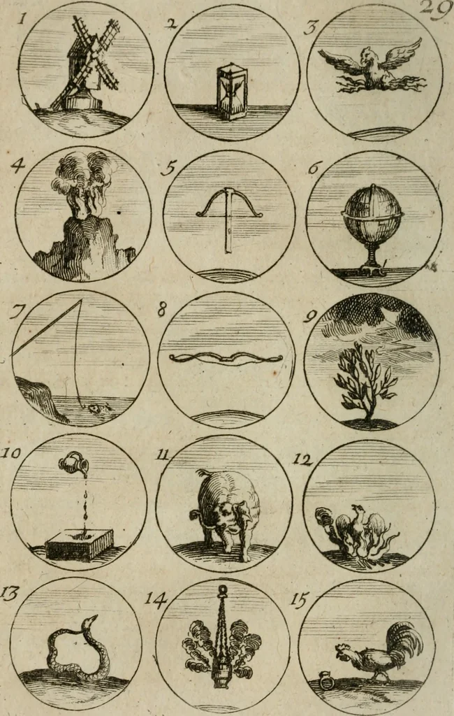 An illustration from Recueil d'emblêmes, devises, medailles, et figures hieroglyphiques, au nombre de plus de douze cent, avec leurs explications : accompagné de plus de deux mille chiffres fleuronnez simples, doubles & triples : d'une manière nouvelle & fort curieuse pour tous les noms imaginables : avec les tenants, supports, & cimiers servans aux ornemens des armes : cet ouvrage qui est enrichy de deux cens cinquante planches en taille-douce, est très-utile aux graveurs, peintres, sculpteurs, orfevres, brodeurs, serruriers, & à tous ceux qui travaillent au dessein, 1724, leaf 71