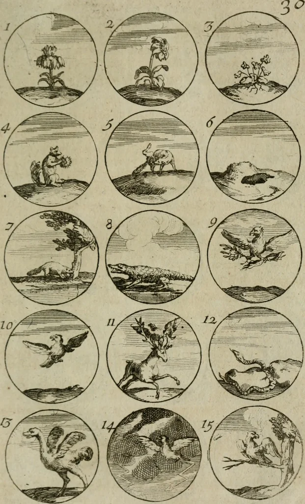 An illustration from Recueil d'emblêmes, devises, medailles, et figures hieroglyphiques, au nombre de plus de douze cent, avec leurs explications : accompagné de plus de deux mille chiffres fleuronnez simples, doubles & triples : d'une manière nouvelle & fort curieuse pour tous les noms imaginables : avec les tenants, supports, & cimiers servans aux ornemens des armes : cet ouvrage qui est enrichy de deux cens cinquante planches en taille-douce, est très-utile aux graveurs, peintres, sculpteurs, orfevres, brodeurs, serruriers, & à tous ceux qui travaillent au dessein, 1724, leaf 74