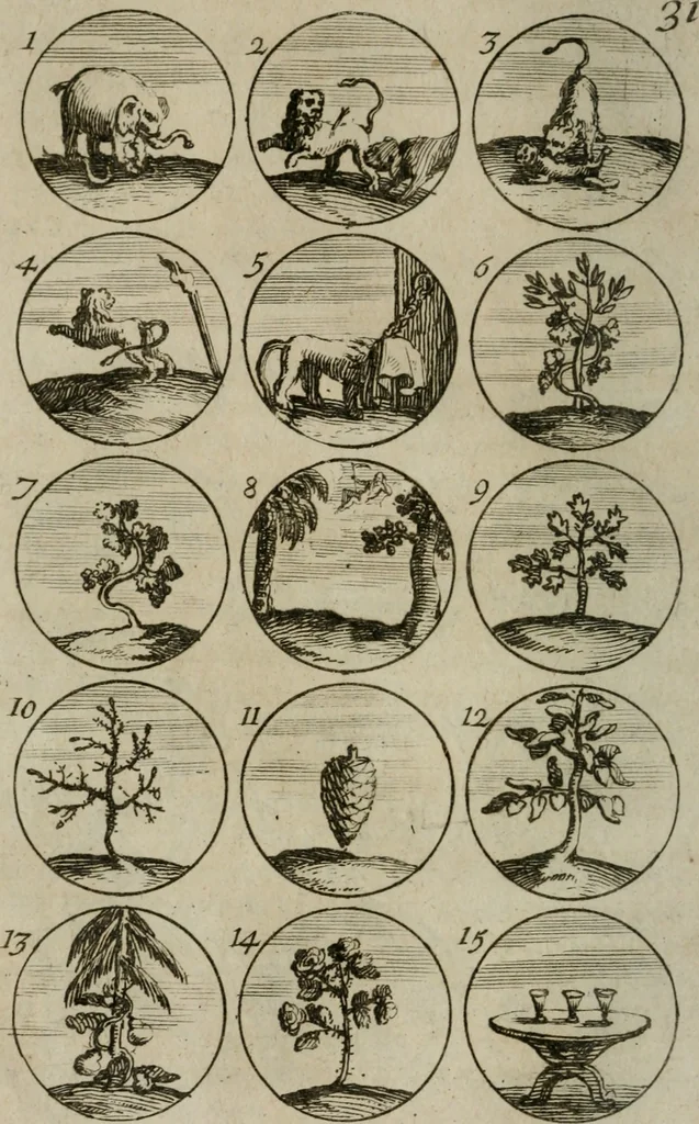 An illustration from Recueil d'emblêmes, devises, medailles, et figures hieroglyphiques, au nombre de plus de douze cent, avec leurs explications : accompagné de plus de deux mille chiffres fleuronnez simples, doubles & triples : d'une manière nouvelle & fort curieuse pour tous les noms imaginables : avec les tenants, supports, & cimiers servans aux ornemens des armes : cet ouvrage qui est enrichy de deux cens cinquante planches en taille-douce, est très-utile aux graveurs, peintres, sculpteurs, orfevres, brodeurs, serruriers, & à tous ceux qui travaillent au dessein, 1724, leaf 75