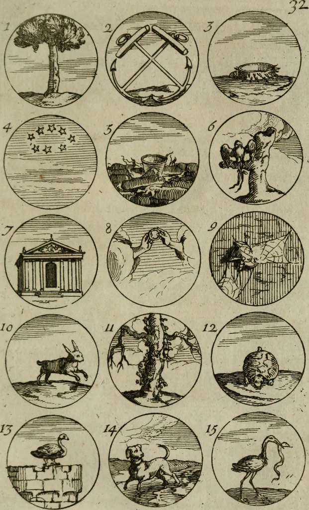 An illustration from Recueil d'emblêmes, devises, medailles, et figures hieroglyphiques, au nombre de plus de douze cent, avec leurs explications : accompagné de plus de deux mille chiffres fleuronnez simples, doubles & triples : d'une manière nouvelle & fort curieuse pour tous les noms imaginables : avec les tenants, supports, & cimiers servans aux ornemens des armes : cet ouvrage qui est enrichy de deux cens cinquante planches en taille-douce, est très-utile aux graveurs, peintres, sculpteurs, orfevres, brodeurs, serruriers, & à tous ceux qui travaillent au dessein, 1724, leaf 78