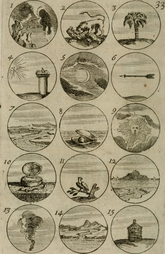 An illustration from Recueil d'emblêmes, devises, medailles, et figures hieroglyphiques, au nombre de plus de douze cent, avec leurs explications : accompagné de plus de deux mille chiffres fleuronnez simples, doubles & triples : d'une manière nouvelle & fort curieuse pour tous les noms imaginables : avec les tenants, supports, & cimiers servans aux ornemens des armes : cet ouvrage qui est enrichy de deux cens cinquante planches en taille-douce, est très-utile aux graveurs, peintres, sculpteurs, orfevres, brodeurs, serruriers, & à tous ceux qui travaillent au dessein, 1724, leaf 79