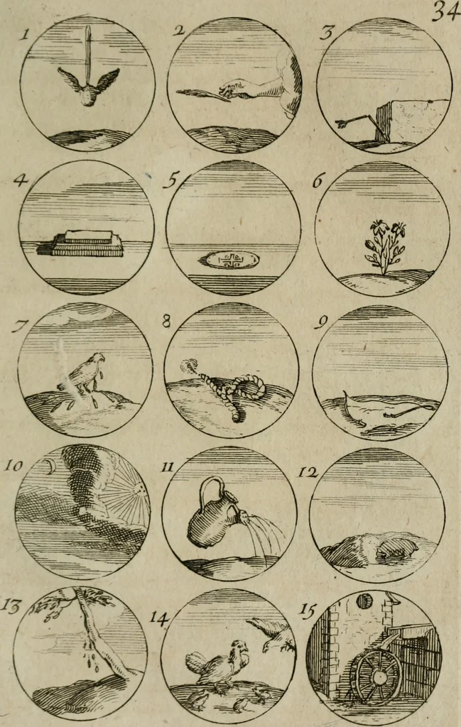 An illustration from Recueil d'emblêmes, devises, medailles, et figures hieroglyphiques, au nombre de plus de douze cent, avec leurs explications : accompagné de plus de deux mille chiffres fleuronnez simples, doubles & triples : d'une manière nouvelle & fort curieuse pour tous les noms imaginables : avec les tenants, supports, & cimiers servans aux ornemens des armes : cet ouvrage qui est enrichy de deux cens cinquante planches en taille-douce, est très-utile aux graveurs, peintres, sculpteurs, orfevres, brodeurs, serruriers, & à tous ceux qui travaillent au dessein, 1724, leaf 82