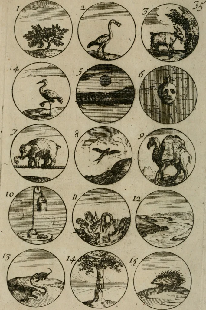 An illustration from Recueil d'emblêmes, devises, medailles, et figures hieroglyphiques, au nombre de plus de douze cent, avec leurs explications : accompagné de plus de deux mille chiffres fleuronnez simples, doubles & triples : d'une manière nouvelle & fort curieuse pour tous les noms imaginables : avec les tenants, supports, & cimiers servans aux ornemens des armes : cet ouvrage qui est enrichy de deux cens cinquante planches en taille-douce, est très-utile aux graveurs, peintres, sculpteurs, orfevres, brodeurs, serruriers, & à tous ceux qui travaillent au dessein, 1724, leaf 83