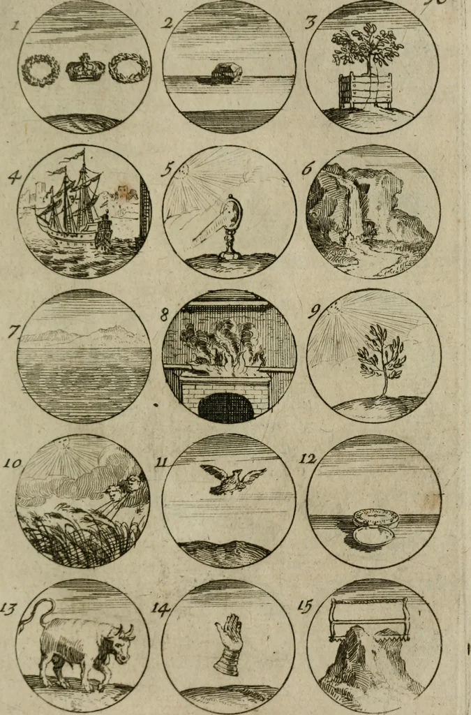 An illustration from Recueil d'emblêmes, devises, medailles, et figures hieroglyphiques, au nombre de plus de douze cent, avec leurs explications : accompagné de plus de deux mille chiffres fleuronnez simples, doubles & triples : d'une manière nouvelle & fort curieuse pour tous les noms imaginables : avec les tenants, supports, & cimiers servans aux ornemens des armes : cet ouvrage qui est enrichy de deux cens cinquante planches en taille-douce, est très-utile aux graveurs, peintres, sculpteurs, orfevres, brodeurs, serruriers, & à tous ceux qui travaillent au dessein, 1724, leaf 86