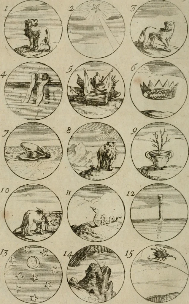 An illustration from Recueil d'emblêmes, devises, medailles, et figures hieroglyphiques, au nombre de plus de douze cent, avec leurs explications : accompagné de plus de deux mille chiffres fleuronnez simples, doubles & triples : d'une manière nouvelle & fort curieuse pour tous les noms imaginables : avec les tenants, supports, & cimiers servans aux ornemens des armes : cet ouvrage qui est enrichy de deux cens cinquante planches en taille-douce, est très-utile aux graveurs, peintres, sculpteurs, orfevres, brodeurs, serruriers, & à tous ceux qui travaillent au dessein, 1724, leaf 87