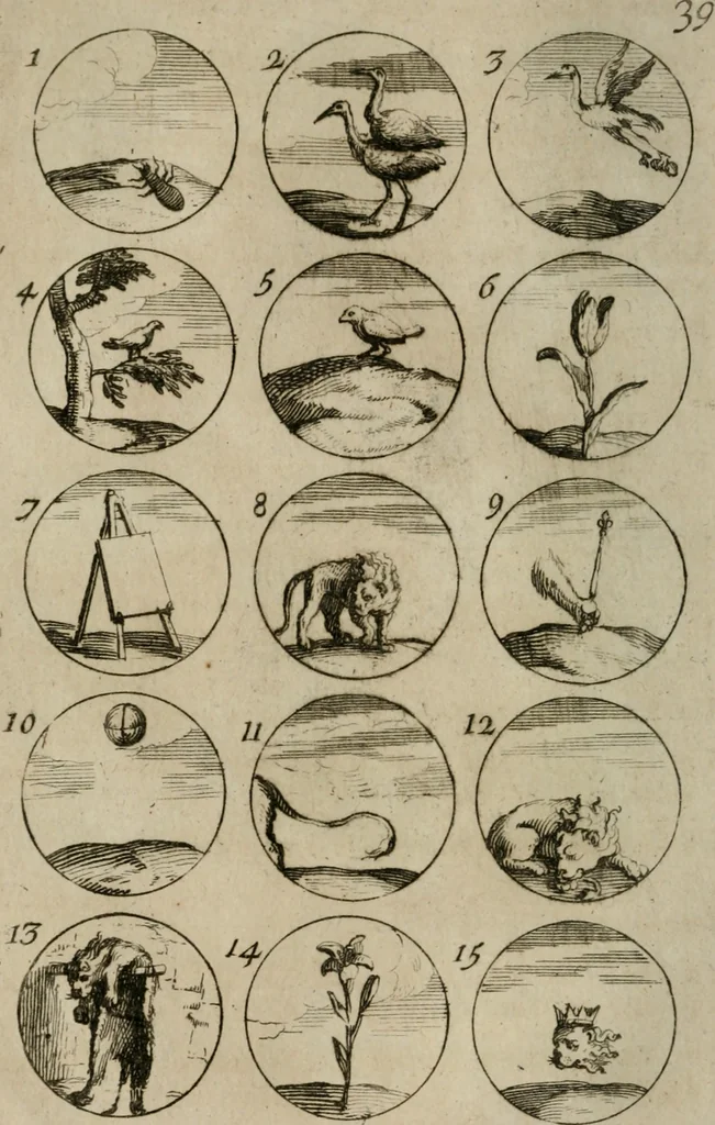 An illustration from Recueil d'emblêmes, devises, medailles, et figures hieroglyphiques, au nombre de plus de douze cent, avec leurs explications : accompagné de plus de deux mille chiffres fleuronnez simples, doubles & triples : d'une manière nouvelle & fort curieuse pour tous les noms imaginables : avec les tenants, supports, & cimiers servans aux ornemens des armes : cet ouvrage qui est enrichy de deux cens cinquante planches en taille-douce, est très-utile aux graveurs, peintres, sculpteurs, orfevres, brodeurs, serruriers, & à tous ceux qui travaillent au dessein, 1724, leaf 91