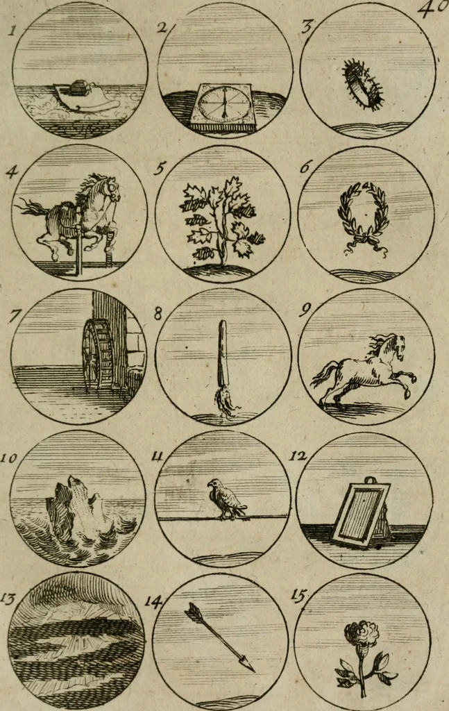 An illustration from Recueil d'emblêmes, devises, medailles, et figures hieroglyphiques, au nombre de plus de douze cent, avec leurs explications : accompagné de plus de deux mille chiffres fleuronnez simples, doubles & triples : d'une manière nouvelle & fort curieuse pour tous les noms imaginables : avec les tenants, supports, & cimiers servans aux ornemens des armes : cet ouvrage qui est enrichy de deux cens cinquante planches en taille-douce, est très-utile aux graveurs, peintres, sculpteurs, orfevres, brodeurs, serruriers, & à tous ceux qui travaillent au dessein, 1724, leaf 94