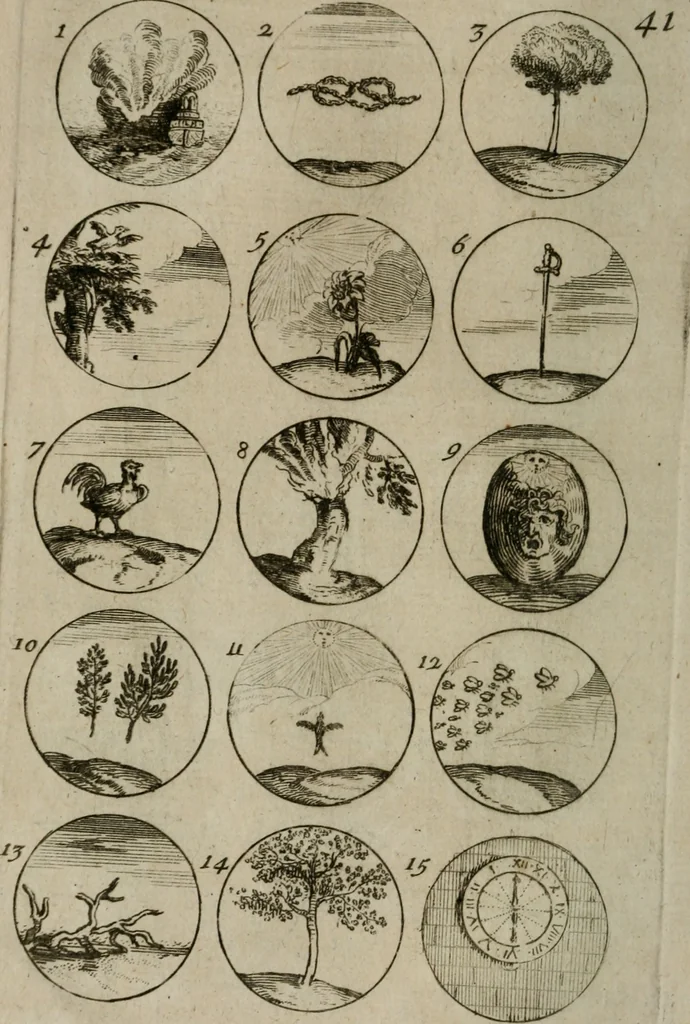 An illustration from Recueil d'emblêmes, devises, medailles, et figures hieroglyphiques, au nombre de plus de douze cent, avec leurs explications : accompagné de plus de deux mille chiffres fleuronnez simples, doubles & triples : d'une manière nouvelle & fort curieuse pour tous les noms imaginables : avec les tenants, supports, & cimiers servans aux ornemens des armes : cet ouvrage qui est enrichy de deux cens cinquante planches en taille-douce, est très-utile aux graveurs, peintres, sculpteurs, orfevres, brodeurs, serruriers, & à tous ceux qui travaillent au dessein, 1724, leaf 95