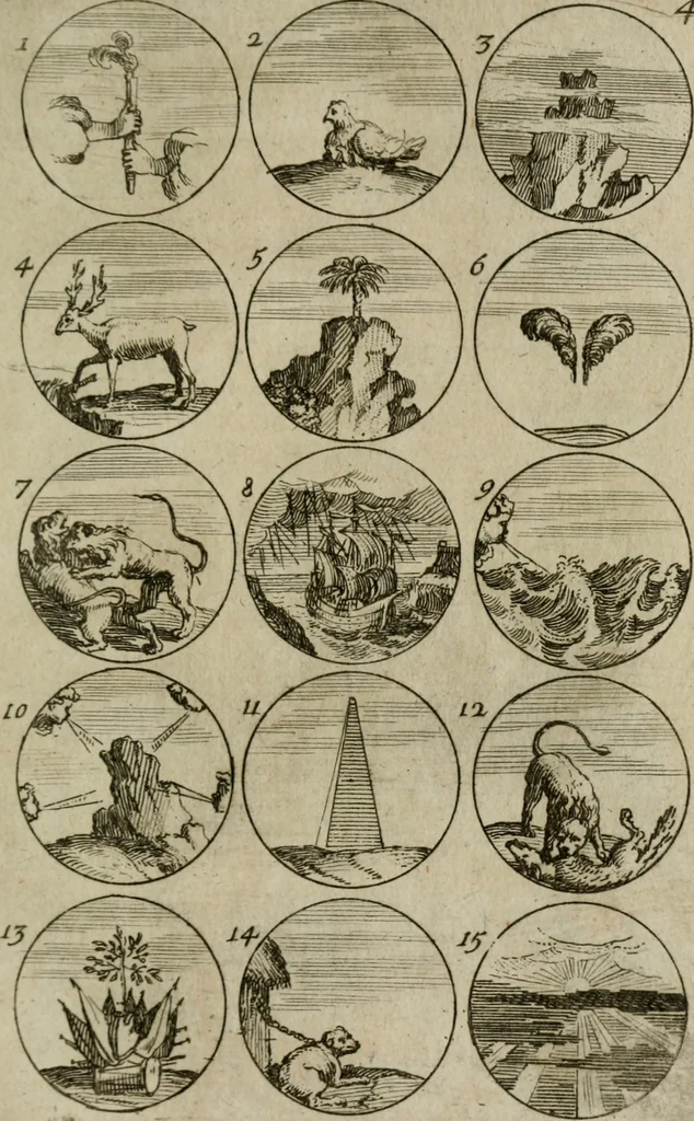An illustration from Recueil d'emblêmes, devises, medailles, et figures hieroglyphiques, au nombre de plus de douze cent, avec leurs explications : accompagné de plus de deux mille chiffres fleuronnez simples, doubles & triples : d'une manière nouvelle & fort curieuse pour tous les noms imaginables : avec les tenants, supports, & cimiers servans aux ornemens des armes : cet ouvrage qui est enrichy de deux cens cinquante planches en taille-douce, est très-utile aux graveurs, peintres, sculpteurs, orfevres, brodeurs, serruriers, & à tous ceux qui travaillent au dessein, 1724, leaf 98