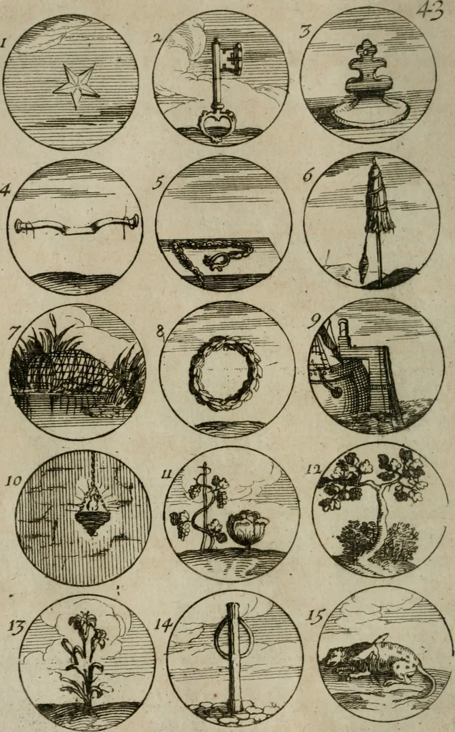 An illustration from Recueil d'emblêmes, devises, medailles, et figures hieroglyphiques, au nombre de plus de douze cent, avec leurs explications : accompagné de plus de deux mille chiffres fleuronnez simples, doubles & triples : d'une manière nouvelle & fort curieuse pour tous les noms imaginables : avec les tenants, supports, & cimiers servans aux ornemens des armes : cet ouvrage qui est enrichy de deux cens cinquante planches en taille-douce, est très-utile aux graveurs, peintres, sculpteurs, orfevres, brodeurs, serruriers, & à tous ceux qui travaillent au dessein, 1724, leaf 99