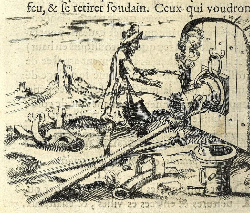 An illustration from Recueil de plusieurs machines militaires et feux artificiels pour la guerre & recreation : auec l'alphabet de Trittemius par laquelle chacun qui sçait escrire peut promptement composer congruement en latin, aussi le moyen d'escrire la nuict á son amy absent, 1620, leaf 76