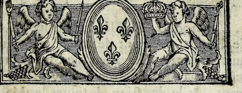 An illustration from Recueil general de tous les benefices & commanderies de France, & de ses dépendances : par ordre alphabetique, avec leurs noms Latins, François, leurs revenus, leurs qualitez, leurs dioceses, & le lieu où ils sont situez, ceux qui possedent les archevêchez & evêchez, leur éloignement de Paris, & combien les bulles & celles des abbayes sont taxées de florins en Cour de Rome, 1690, leaf 497
