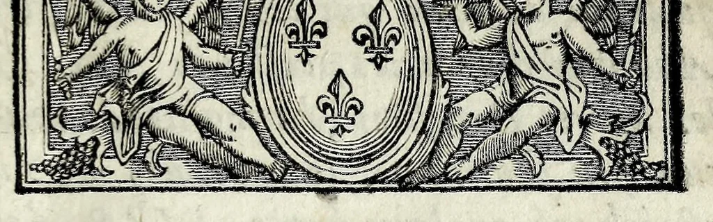 An illustration from Recueil general de tous les benefices & commanderies de France, & de ses dépendances : par ordre alphabetique, avec leurs noms Latins, François, leurs revenus, leurs qualitez, leurs dioceses, & le lieu où ils sont situez, ceux qui possedent les archevêchez & evêchez, leur éloignement de Paris, & combien les bulles & celles des abbayes sont taxées de florins en Cour de Rome, 1690, leaf 9
