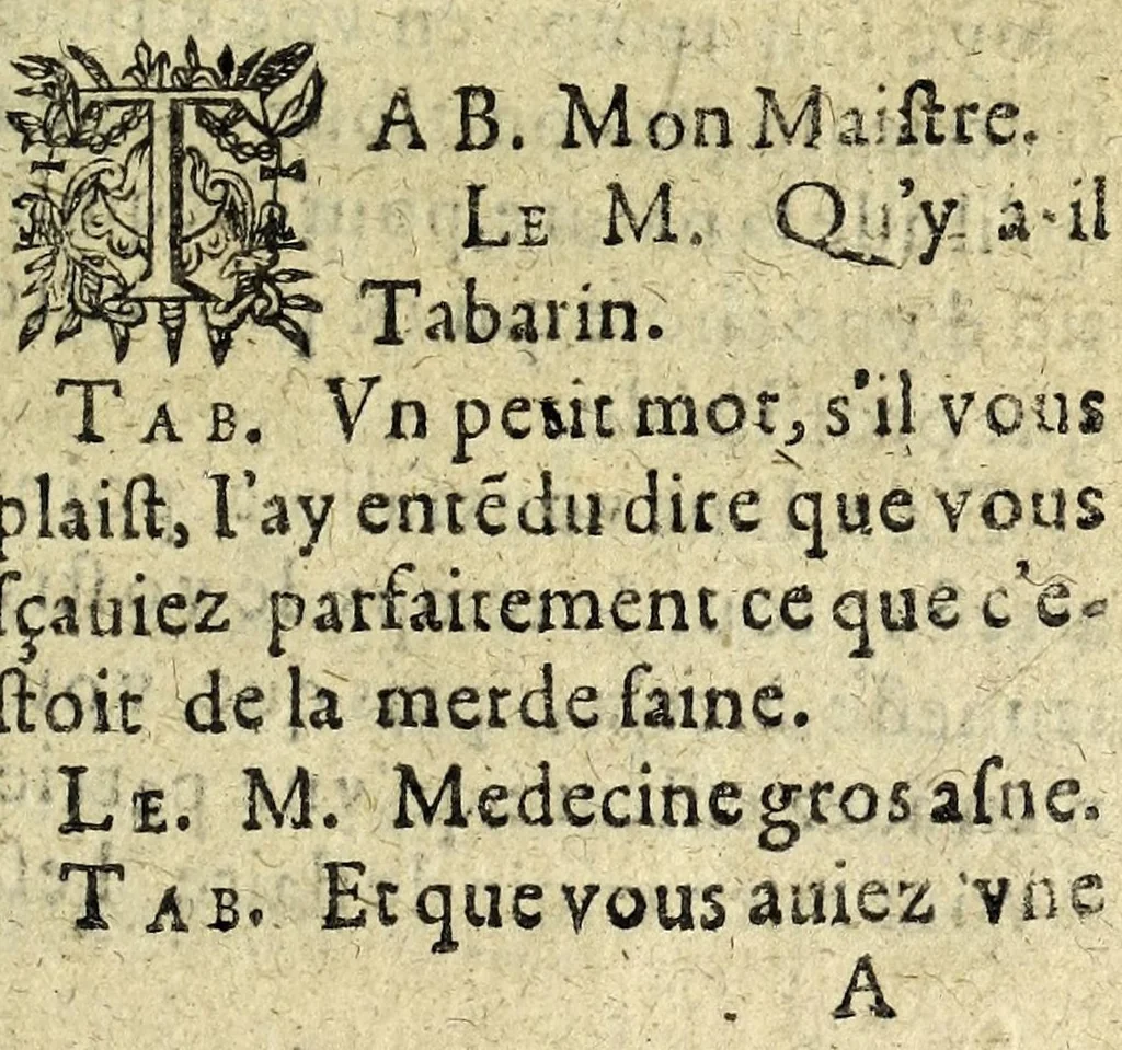 An illustration from Recveil general des oevvres et fantaisies de Tabarin : divisé en deux parties : contenant ses rencontres, questions & demandes facetieuses, auec leurs responses, 1623, leaf 19