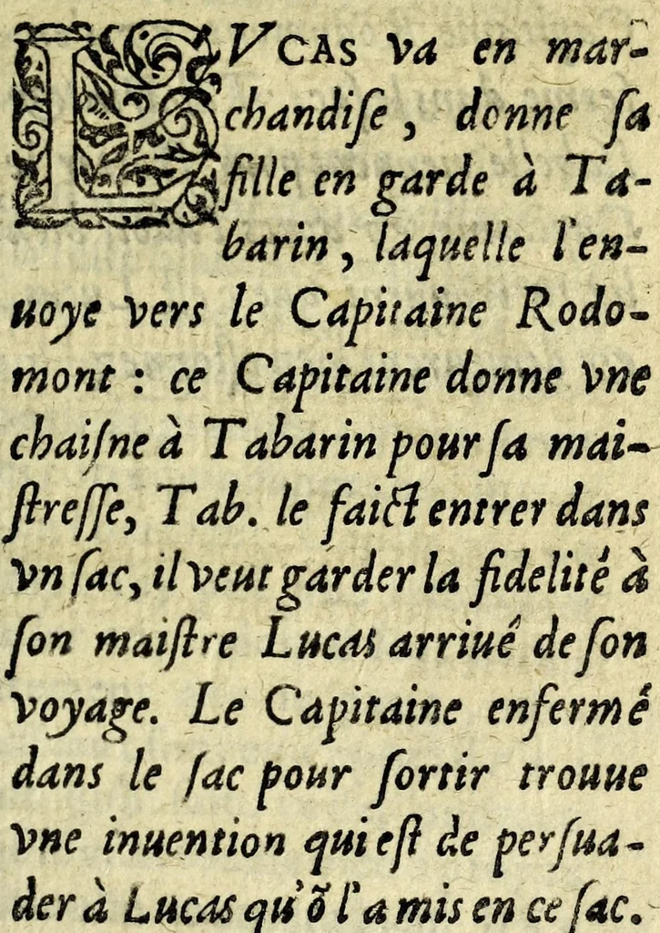 An illustration from Recveil general des oevvres et fantaisies de Tabarin : divisé en deux parties : contenant ses rencontres, questions & demandes facetieuses, auec leurs responses, 1623, leaf 349