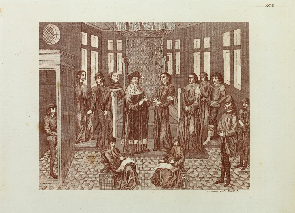 An illustration from The regal and ecclesiastical antiquities of England : containing the representations of all the English monarchs from Edward the Confessor to Henry the Eighth : together with many of the great persons that were eminent under their several reigns : on sixty copper plates, engraved by the author, the whole carefully collected from ancient illuminated manuscripts, 1793, leaf 137