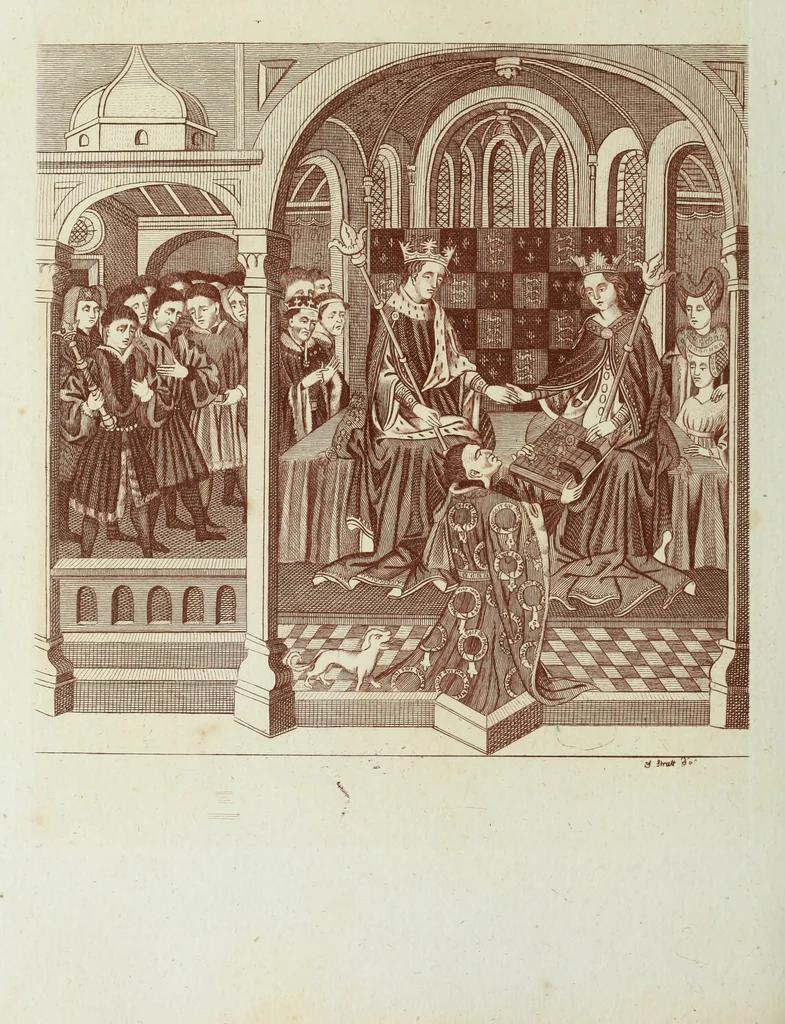 An illustration from The regal and ecclesiastical antiquities of England : containing the representations of all the English monarchs from Edward the Confessor to Henry the Eighth : together with many of the great persons that were eminent under their several reigns : on sixty copper plates, engraved by the author, the whole carefully collected from ancient illuminated manuscripts, 1793, leaf 181