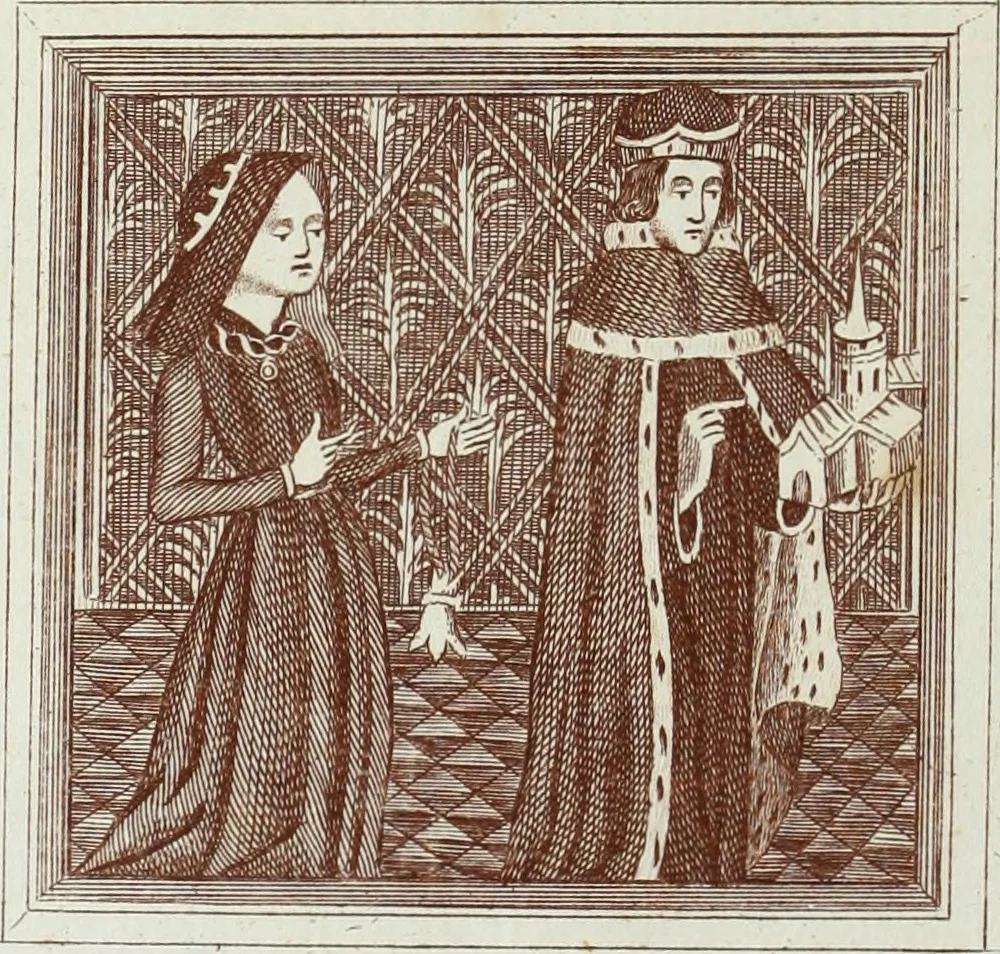 An illustration from The regal and ecclesiastical antiquities of England : containing the representations of all the English monarchs from Edward the Confessor to Henry the Eighth : together with many of the great persons that were eminent under their several reigns : on sixty copper plates, engraved by the author, the whole carefully collected from ancient illuminated manuscripts, 1793, leaf 185