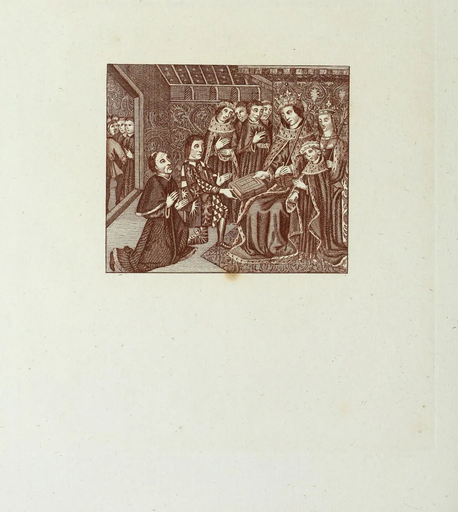 An illustration from The regal and ecclesiastical antiquities of England : containing the representations of all the English monarchs from Edward the Confessor to Henry the Eighth : together with many of the great persons that were eminent under their several reigns : on sixty copper plates, engraved by the author, the whole carefully collected from ancient illuminated manuscripts, 1793, leaf 197