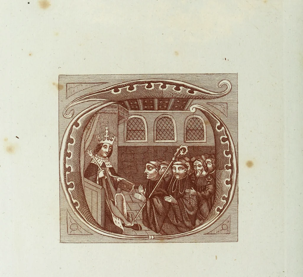 An illustration from The regal and ecclesiastical antiquities of England : containing the representations of all the English monarchs from Edward the Confessor to Henry the Eighth : together with many of the great persons that were eminent under their several reigns : on sixty copper plates, engraved by the author, the whole carefully collected from ancient illuminated manuscripts, 1793, leaf 205