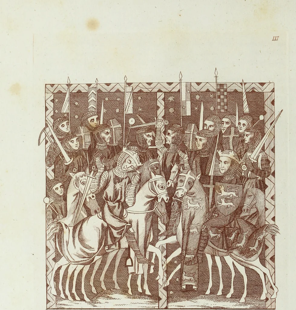 An illustration from The regal and ecclesiastical antiquities of England : containing the representations of all the English monarchs from Edward the Confessor to Henry the Eighth : together with many of the great persons that were eminent under their several reigns : on sixty copper plates, engraved by the author, the whole carefully collected from ancient illuminated manuscripts, 1793, leaf 21