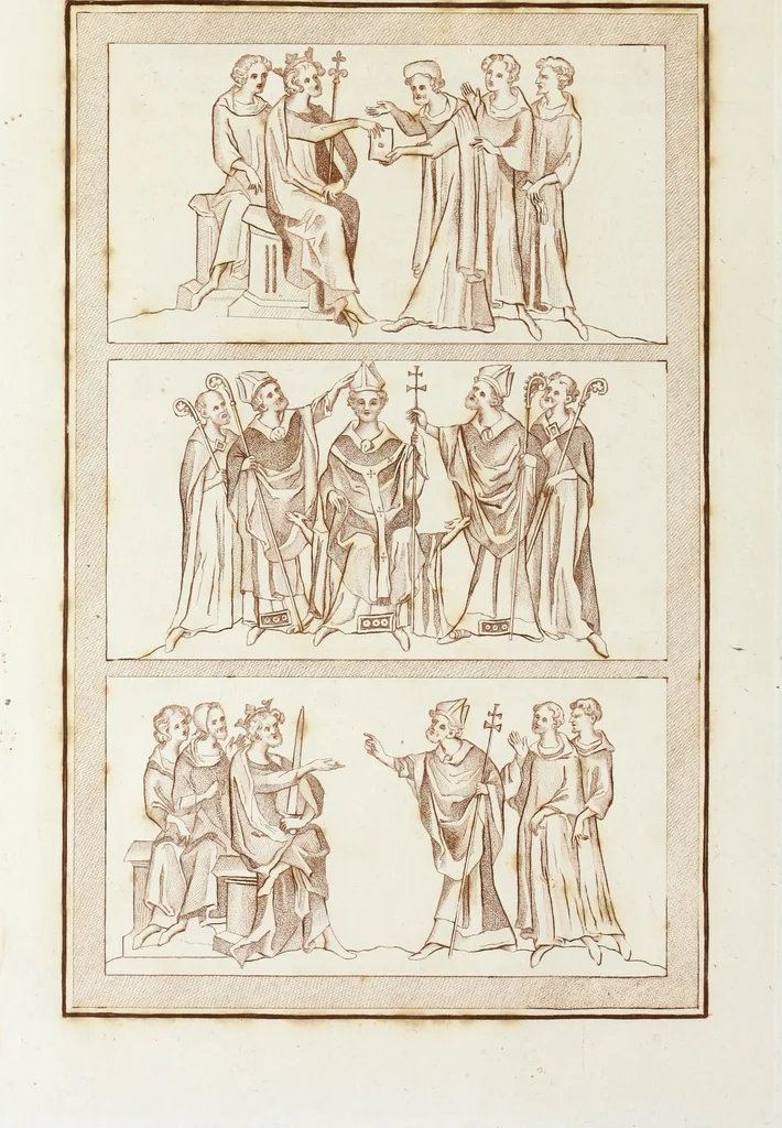An illustration from The regal and ecclesiastical antiquities of England : containing the representations of all the English monarchs from Edward the Confessor to Henry the Eighth : together with many of the great persons that were eminent under their several reigns : on sixty copper plates, engraved by the author, the whole carefully collected from ancient illuminated manuscripts, 1793, leaf 285